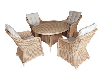 Havesæt model Sevilla. 4 stole + ø120cm bord i naturfarvet rundt polyrattan.